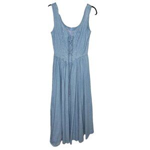 Vintage Denim Tank Dress 6 Rhinestone Fit Flare Old Western 80’s Tie Front P
